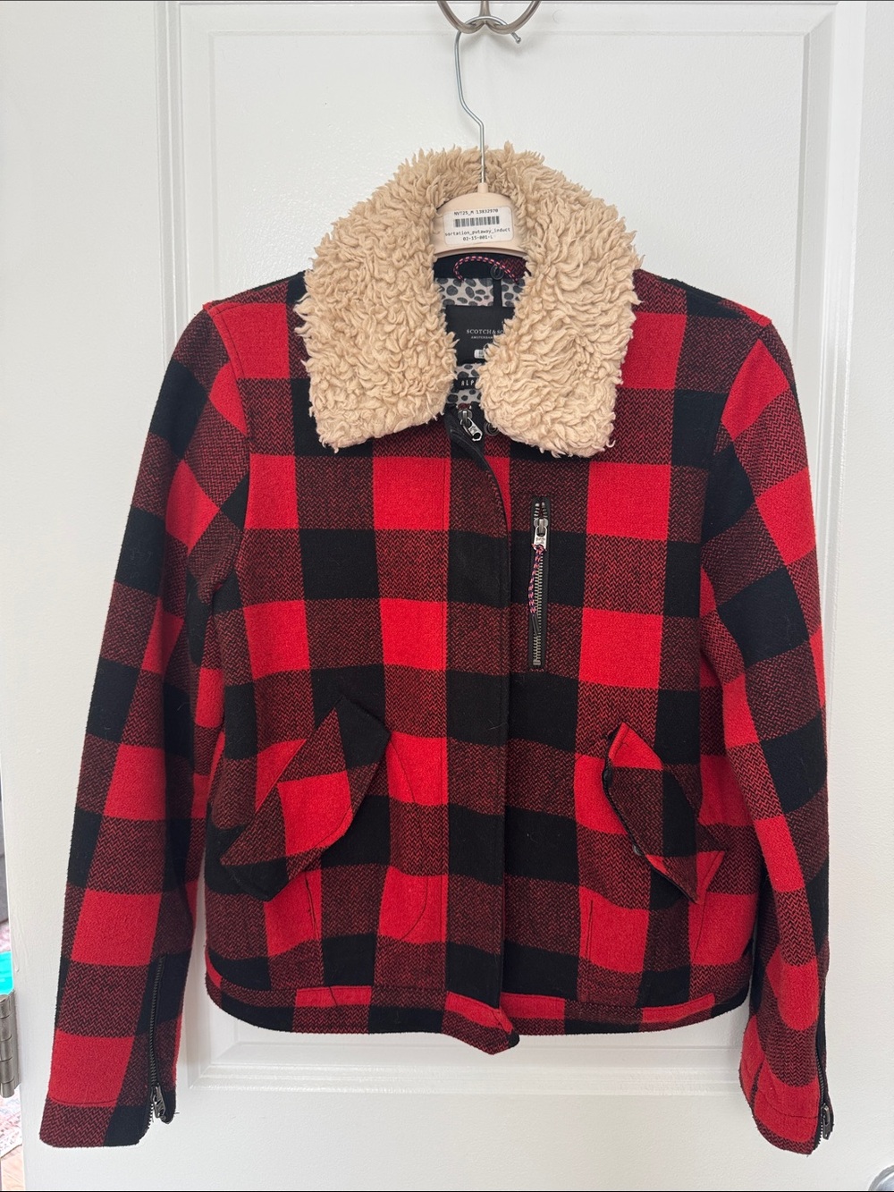 Scotch & Soda Red and Black Buffalo Plaid Jacket w/ Sherpa Collar | M